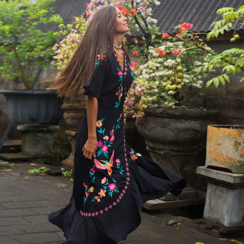 GypsyLady Floral Embroidered Wrap Dresses Black Maxi Women Dress V-nec –  BMEssentials